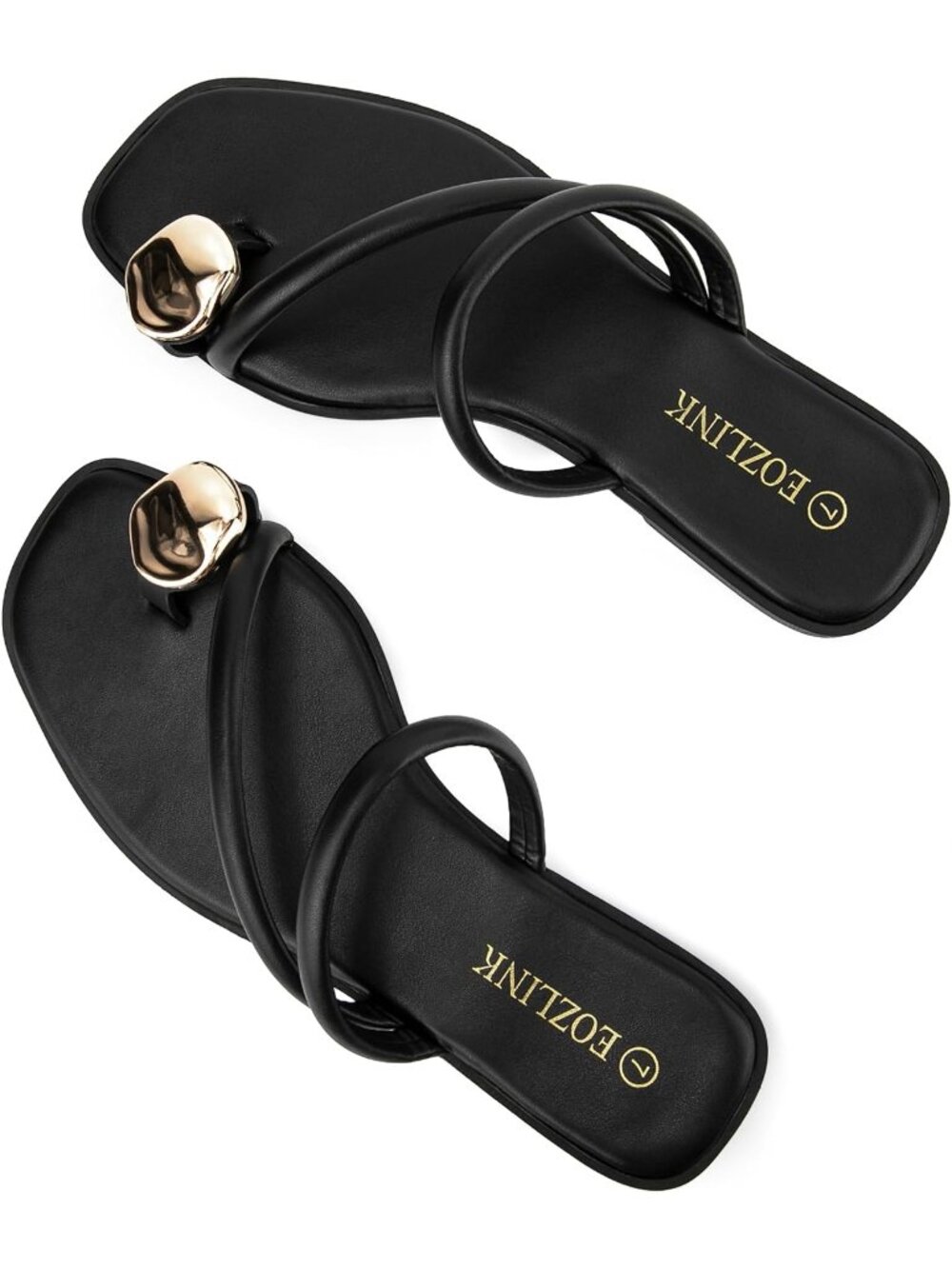 Women's Black Strap Toe Ring Square Toe Slip On Casual Slide Flat Sandal Shoes